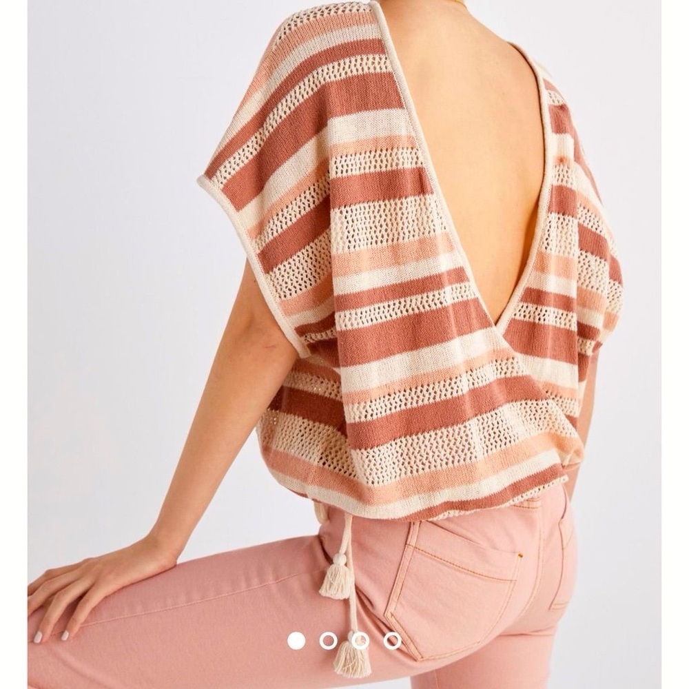 Anthropologie Striped Open-Back Knit Top in Cream and Dusty Rose